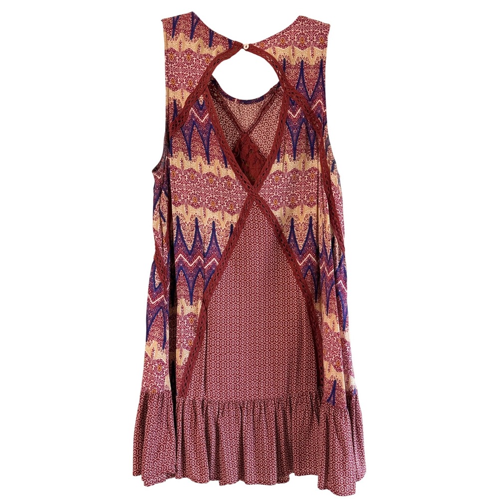 Fringe Boho Crochet Lace Dress L Red Patterned Sleeveless Mini